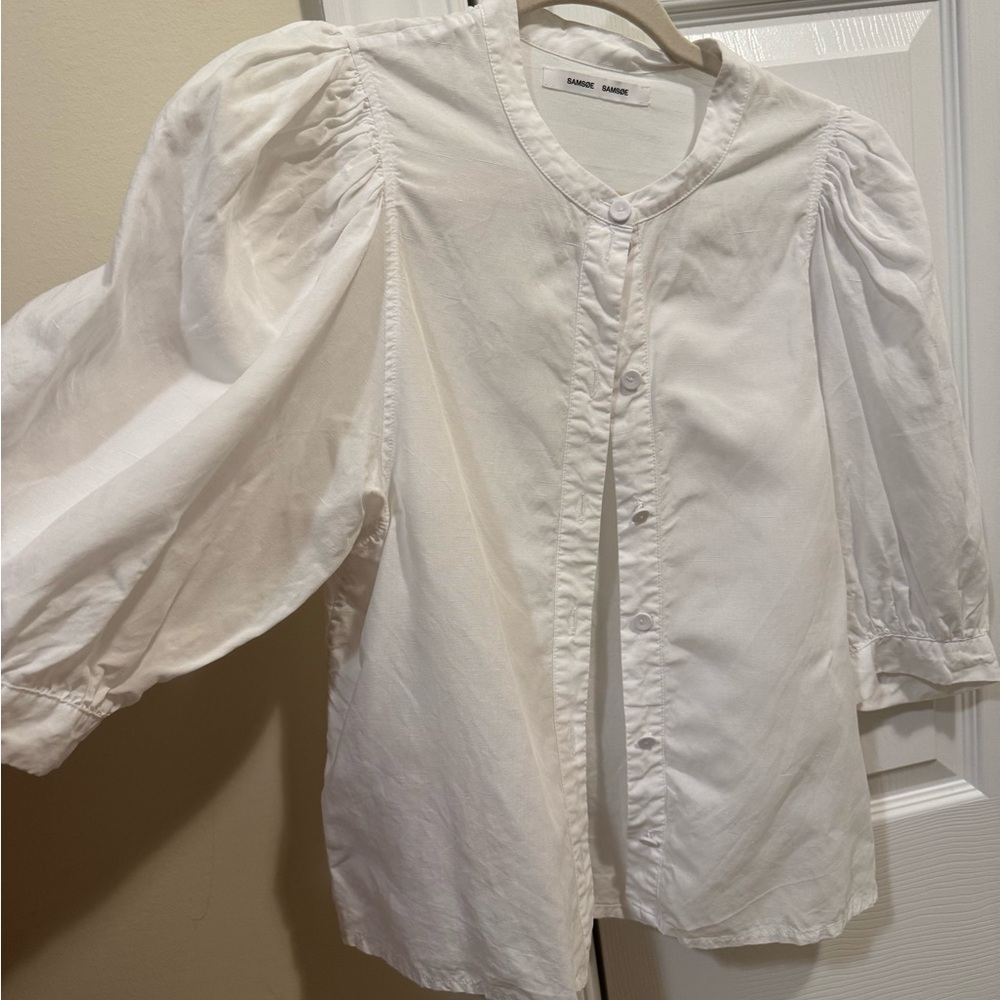Size M SAMSOE White Puff Sleeve Blouse, scandi minimalist